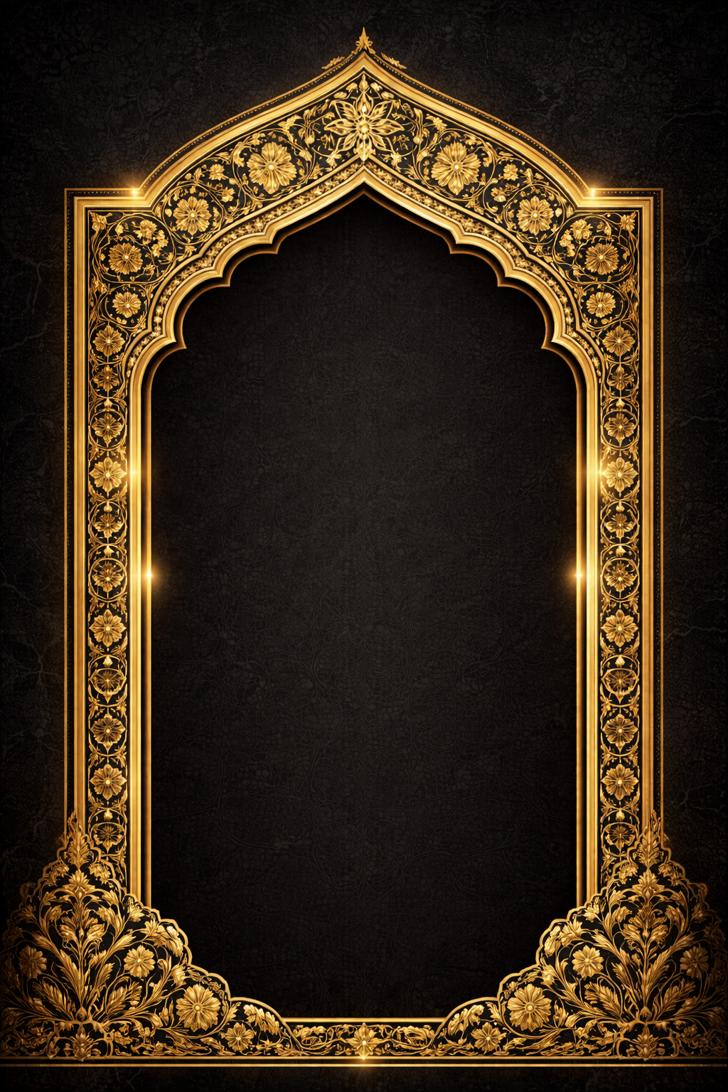 Ornate golden Islamic frame with arabesque floral patterns on black background — decorative calligraphy frame wallpaper